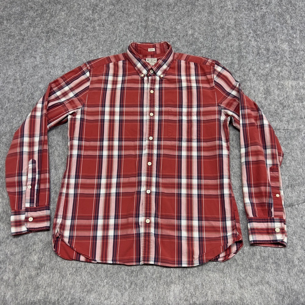 J Crew Shirt Mens Large Red Plaid Button Down Slim Fit Cotton Casual Preppy
